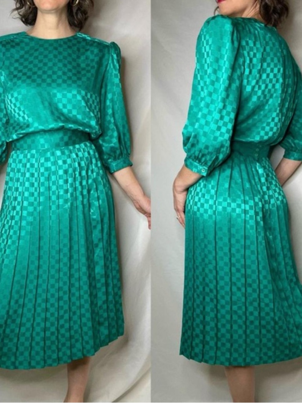 Vintage Emerald Green Checker Satin Midi Dress Pure Argenti